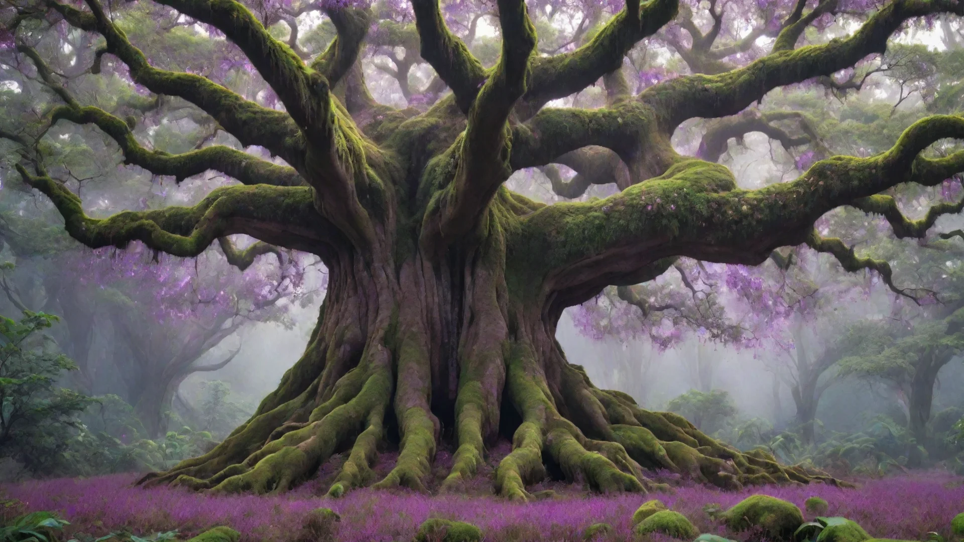 aiamazing giant magic tree with small purple flying particles around it%2C lush green leaves with lush green moos around it awesome portrait 2 wide