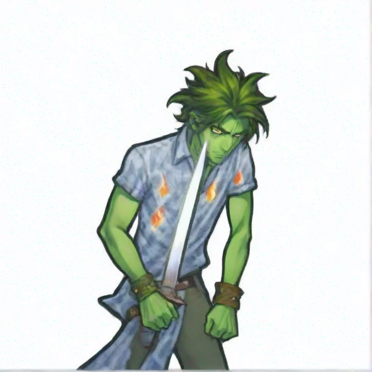 aiamazing green skinned man with messy dark greeen hair%2C defined face%2C glowing white eyes%2C light blue flannel with flame pattern%2C hunched over%2C holding diamond sword awesome portrait 2