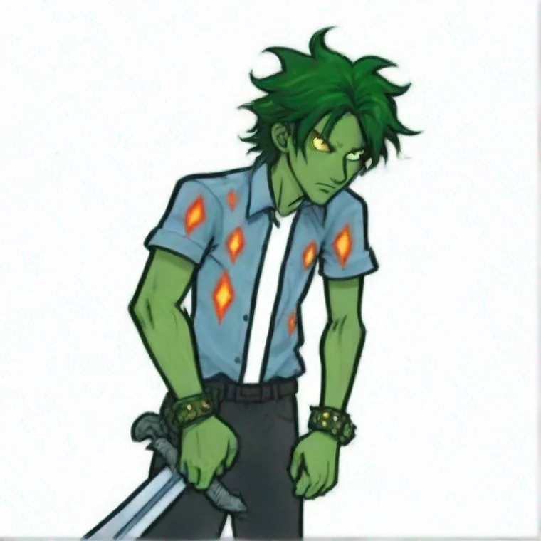 aiamazing green skinned man with messy dark greeen hair%2C glowing white eyes%2C light blue flannel with flame pattern%2C hunched over%2C holding diamond sword awesome portrait 2
