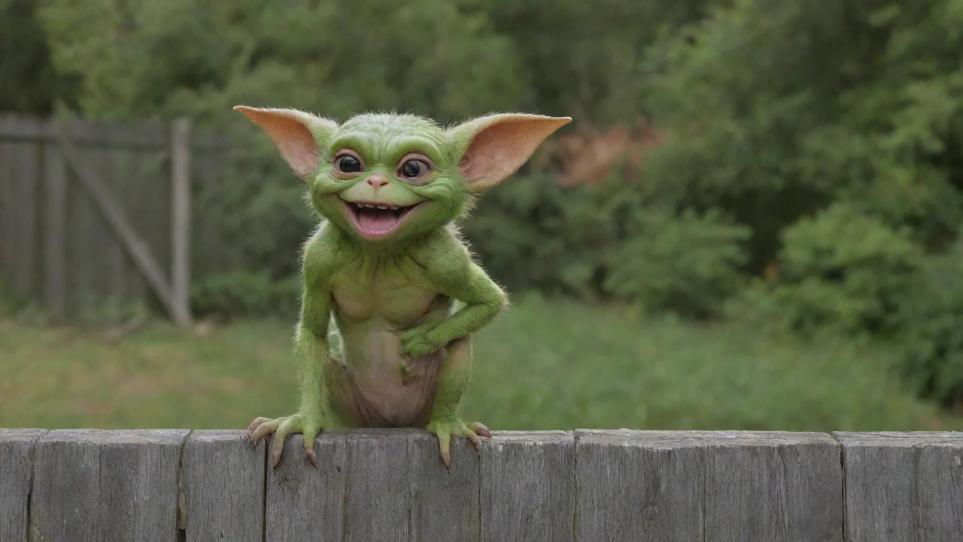aiamazing gremlin sitting on a fence smiling awesome portrait 2 wide