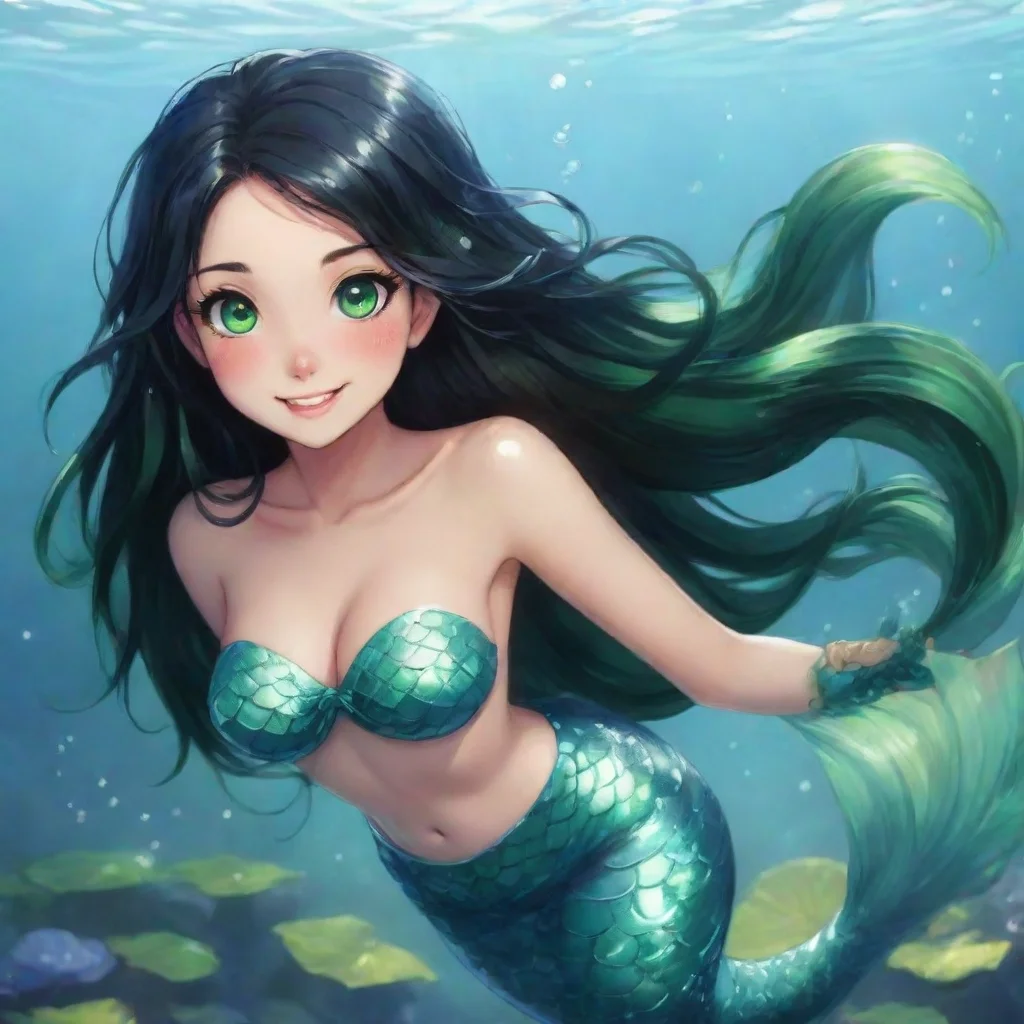 aiamazing happy anime mermaid with black hair and green eyes awesome portrait 2