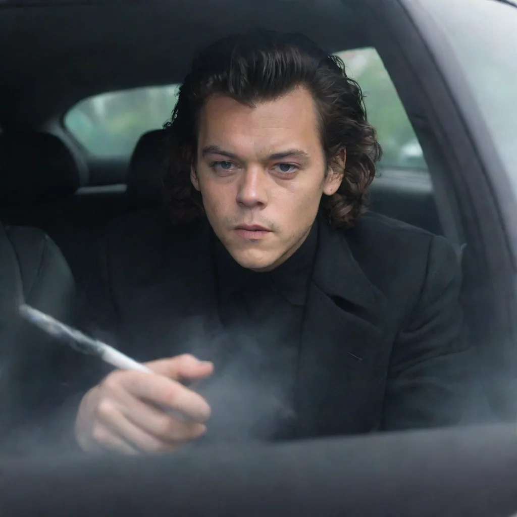 aiamazing harry styles%2C in a car%2C smoke on the air%2C with a black jacket  awesome portrait 2