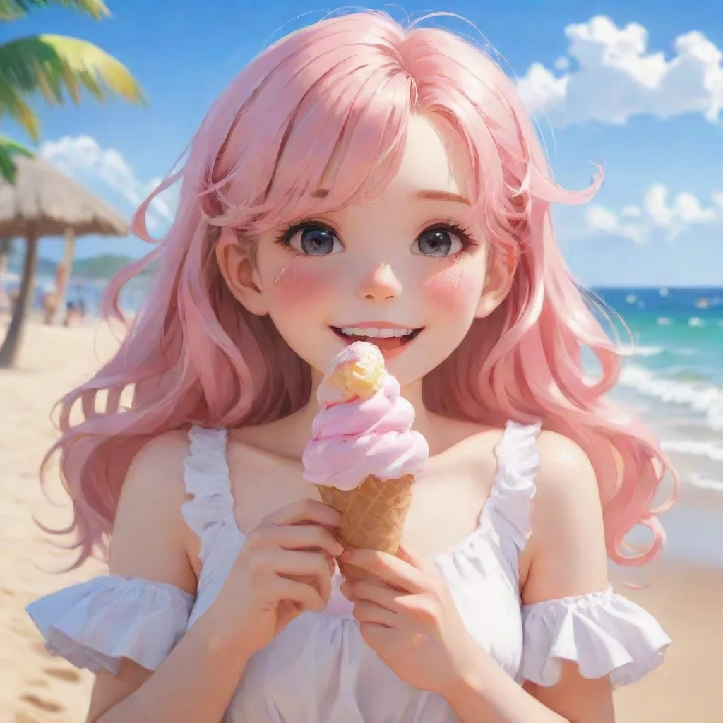 aiamazing hd art anime detailed aesthetic beautiful smile blush holding ice cream at beach