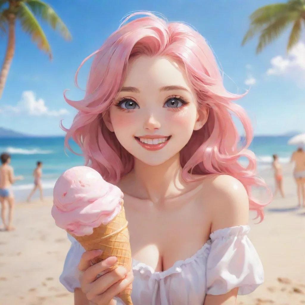 aiamazing hd art anime detailed aesthetic beautiful woman smile blush holding ice cream at beach