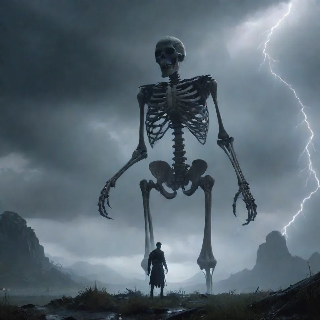 aiamazing hd best aesthetic giant skeleton fantasy landscape rain lightning cinematic wanderer looking at giant skeleton standing up awesome portrait 2