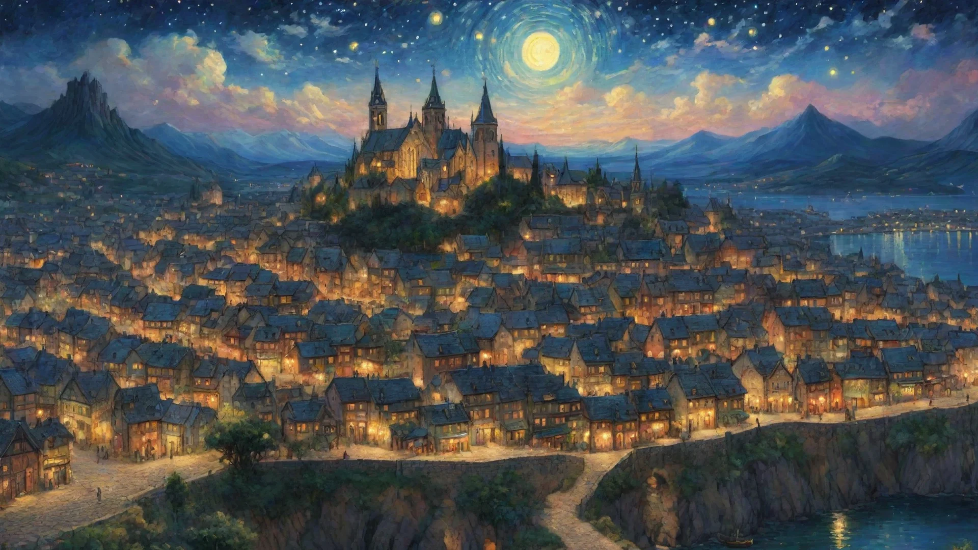 aiamazing heavenly epic town lit up at night sky epic lovely artistic ghibli van gogh happyness bliss peace  detailed asthetic hd wow awesome portrait 2 wide