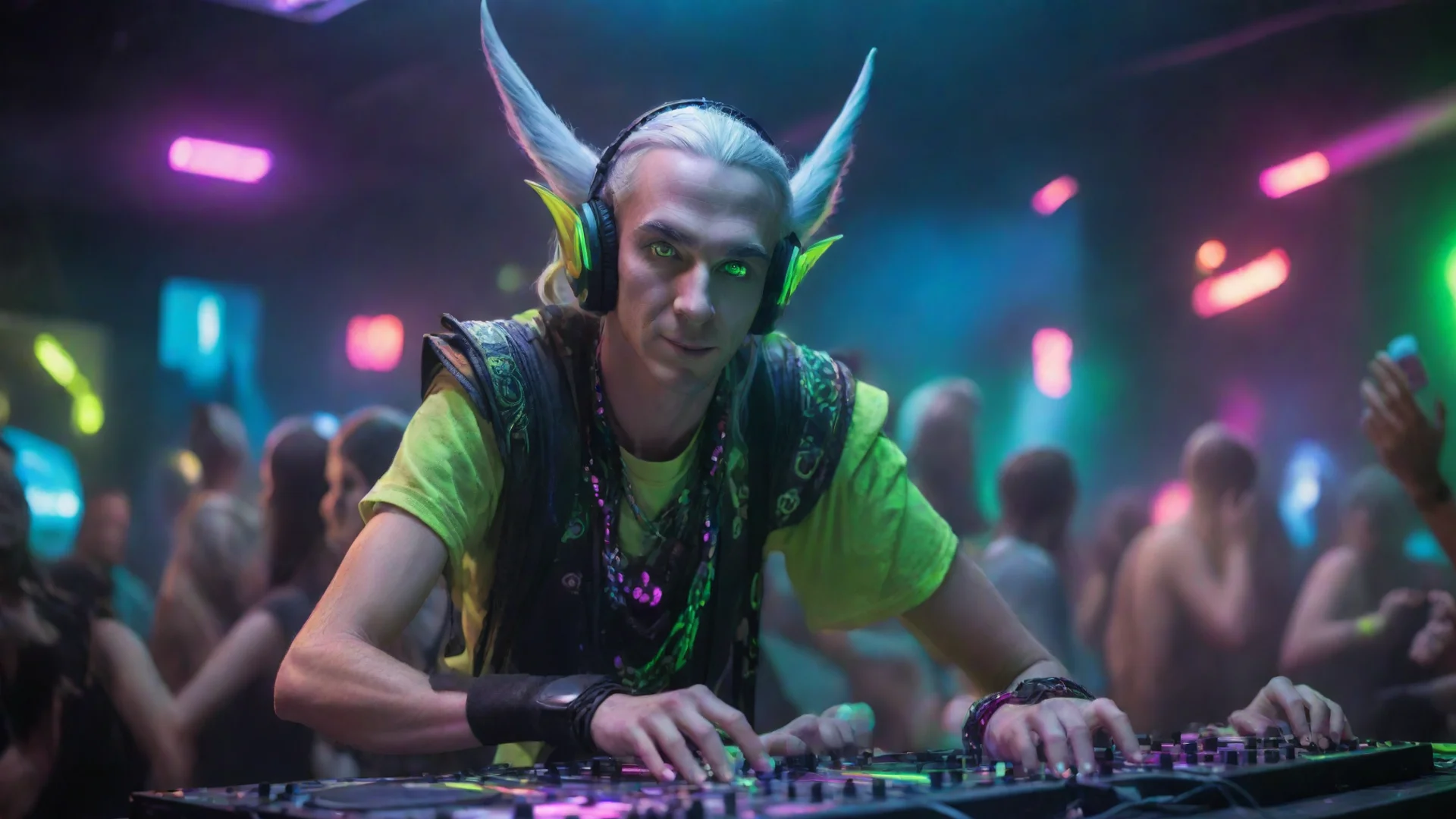 amazing high elf dj at a rave with lots of fluorescent elements awesome portrait 2 wide