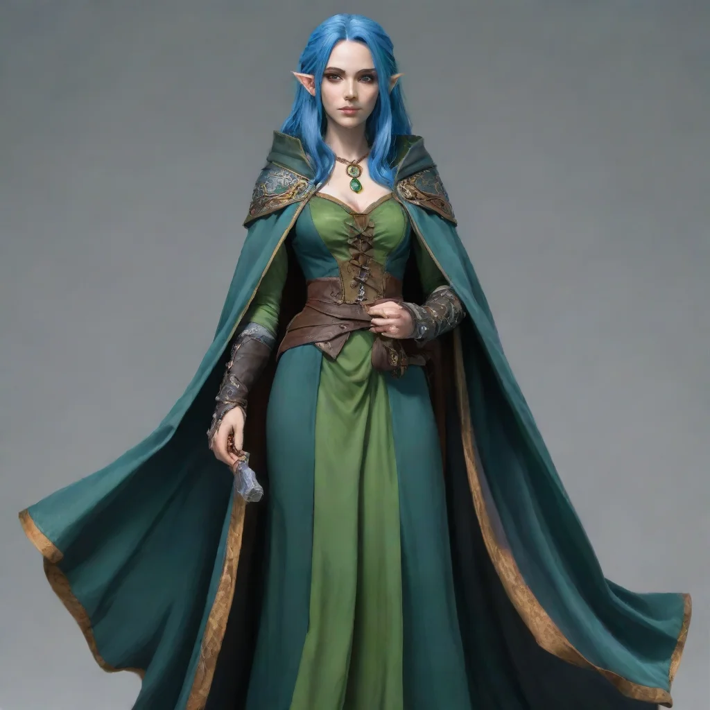 aiamazing high elf female bard. blue hair%2C green skin%2C long dress and a cloak awesome portrait 2