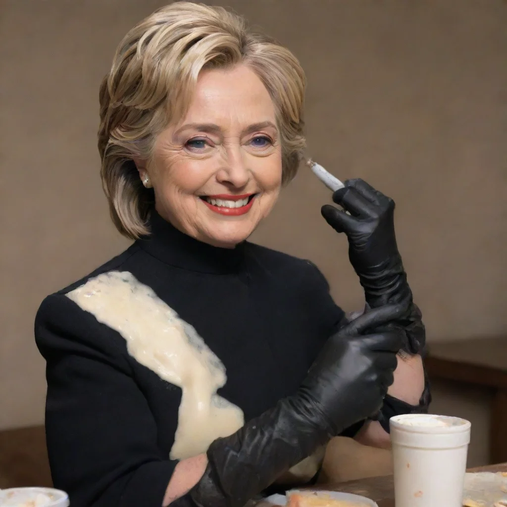 amazing hillary clinton smiling with black gloves and gun  and mayonnaise splattered everywhere awesome portrait 2