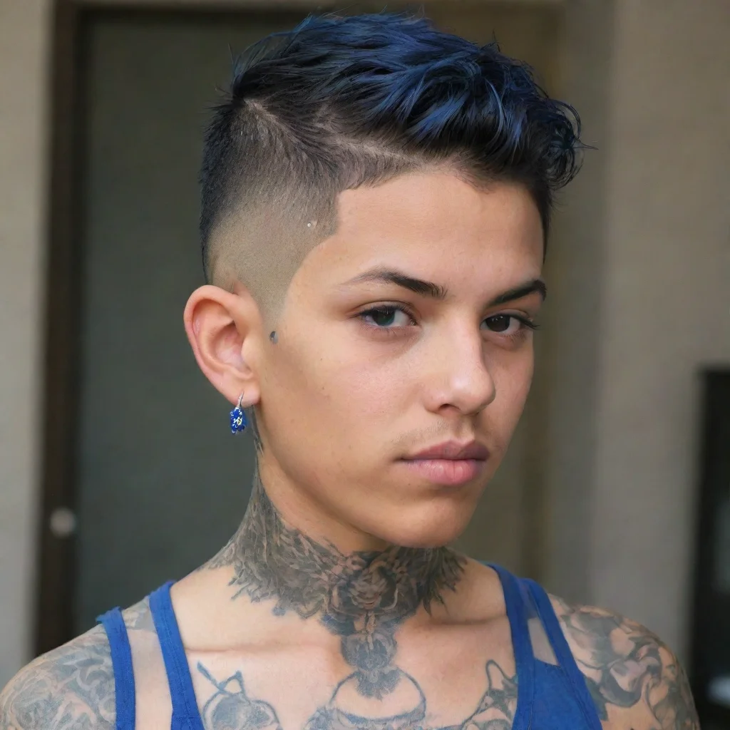 aiamazing hispanic boy%2C tattoos%2C earrings on lobes%2C short hair with blue mesh%2C half torso awesome portrait 2