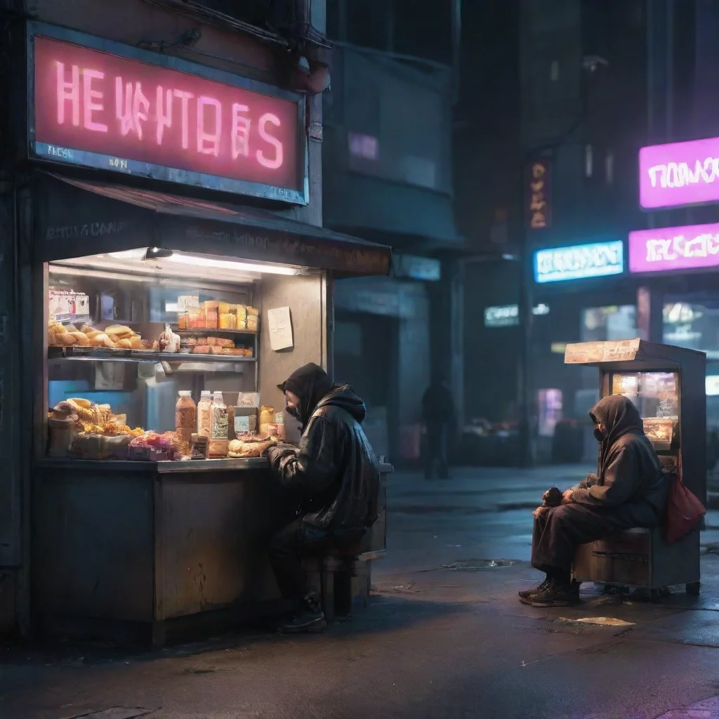 aiamazing homeless person in cyberpunk city at night%2C next to a food stand awesome portrait 2