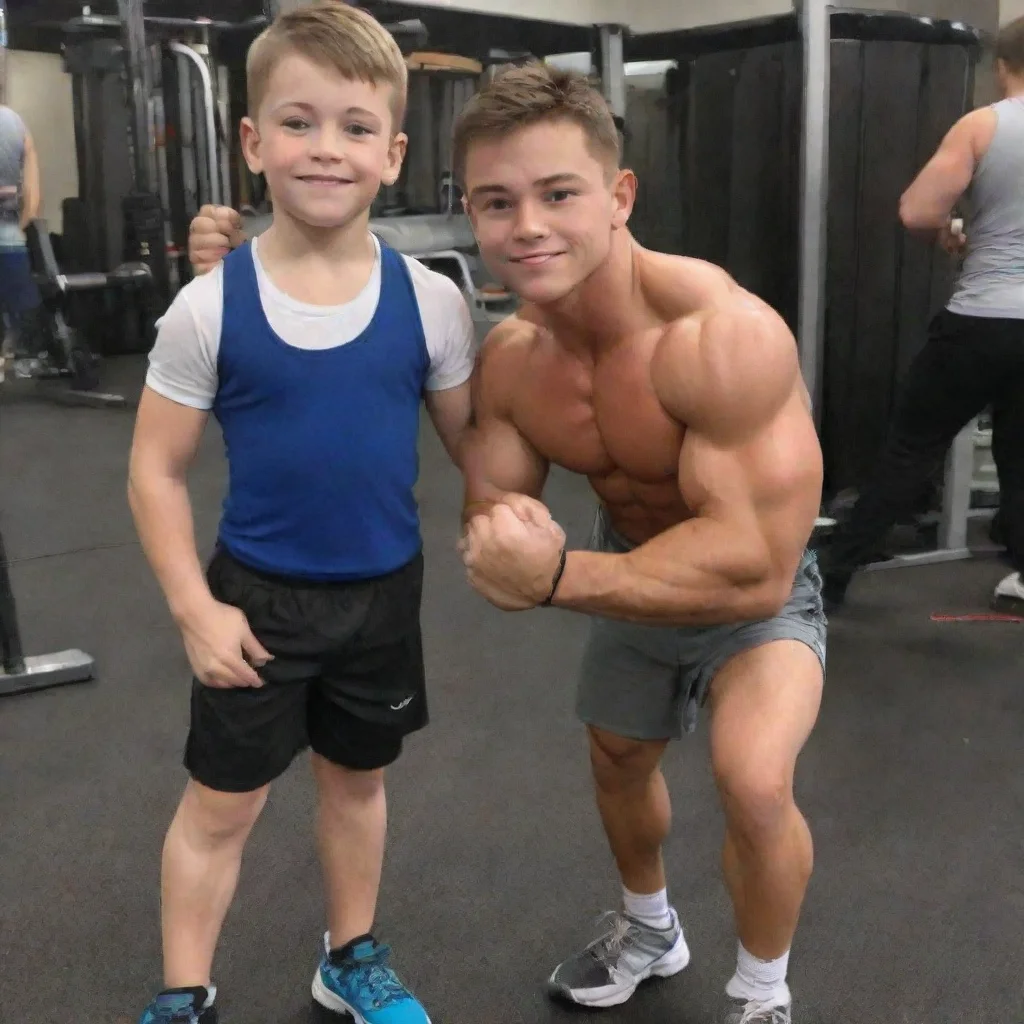 aiamazing huge young muscular kid flexing his muscles for his older gym friend to feel awesome portrait 2