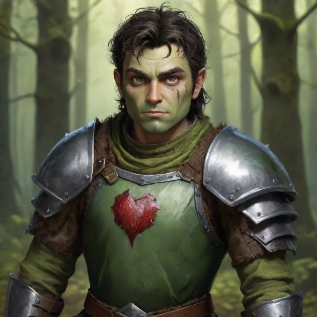 aiamazing human gobling%2C with slightly green skin%2C dark hair%2C hazel eyes%2C sharp jawline%2C heart shaped face. dressed in a forrest inspired armor awesome portrait 2
