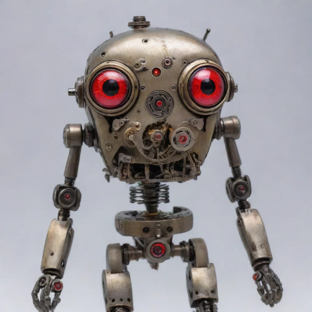 aiamazing humanoid cyclops robot made of antique intrincated mechanical wrist watch movement mechanism parts with mechanical arms%2C mechanical legs%2C red glowing eye awesome portrait 2