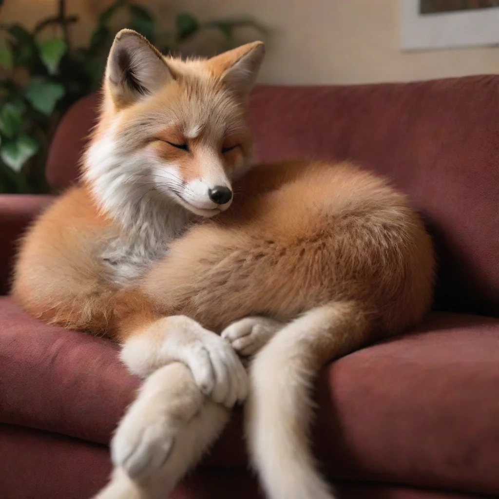 aiamazing hyper realistic red arctic fox  anthro sitting on a couch petting a human thats fallen asleep in it%27s lap awesome portrait 2