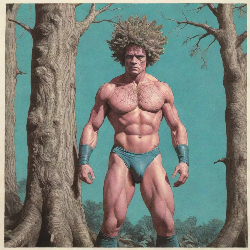 amazing hyper realistic tree man pro wrestler with textures in the style of a risograph and surreal and 1970s illustration awesome portrait 2