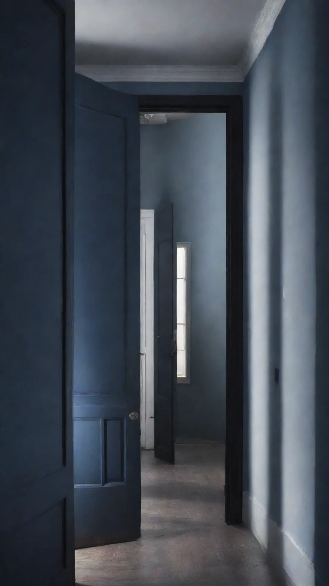 aiamazing i want a dark blue room%2C with multiple black doors%2C and one that is white which is slightly open and gives a glimpse into heaven awesome portrait 2 tall