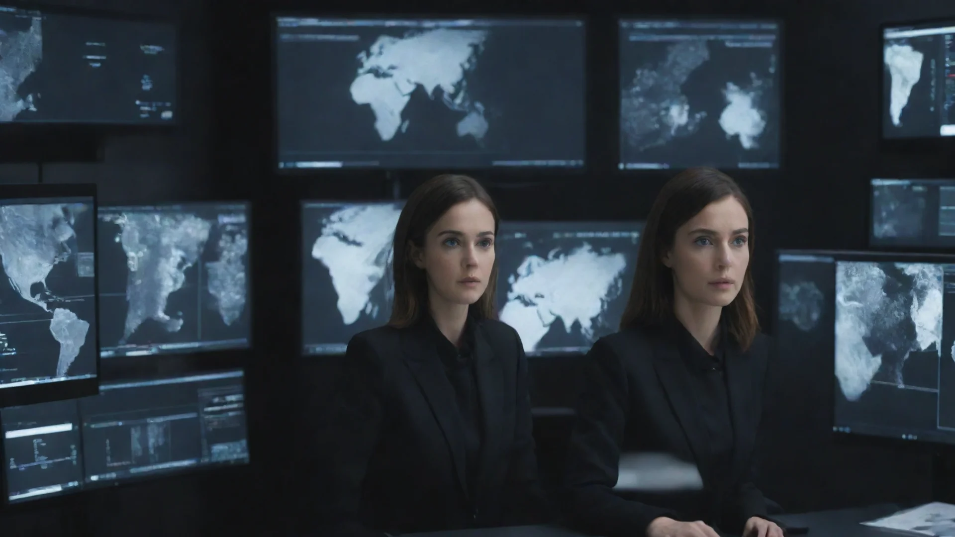 amazing image of a multi screen desktop with ai hollowgram images being operated by an lady agent in  a black suit awesome portrait 2 wide