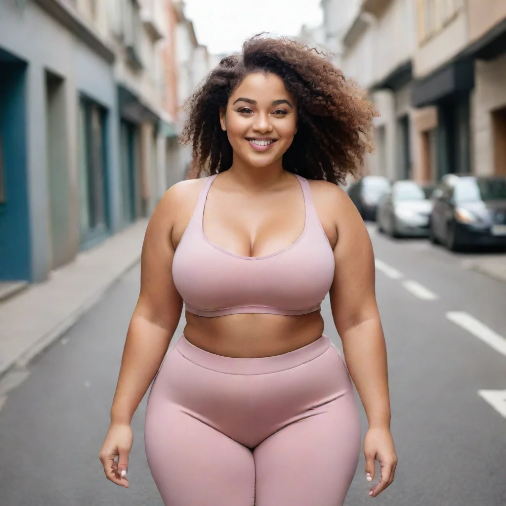 aiamazing image of curvy female model walking in the street%2C with a sporty style%2C smiling%2C cinematic awesome portrait 2