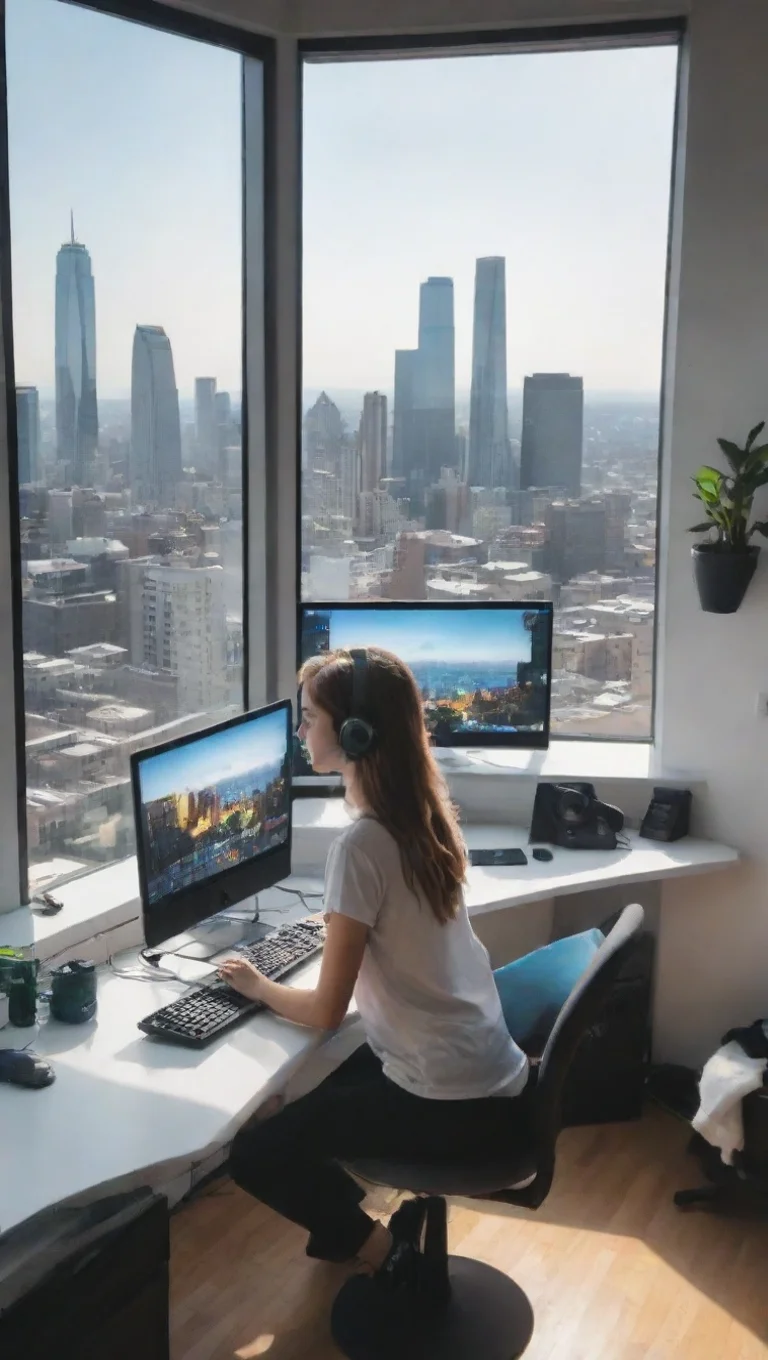 amazing image of girl behind gaming desk with imac computer and gaming console and skyline view an rooftop windows at daytime and tech gadgets awesome portrait 2 tall
