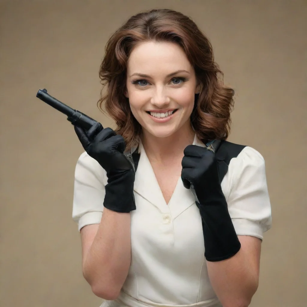 amazing jamie andrews actress smiling with black gloves and gun shooting mayonnaise awesome portrait 2