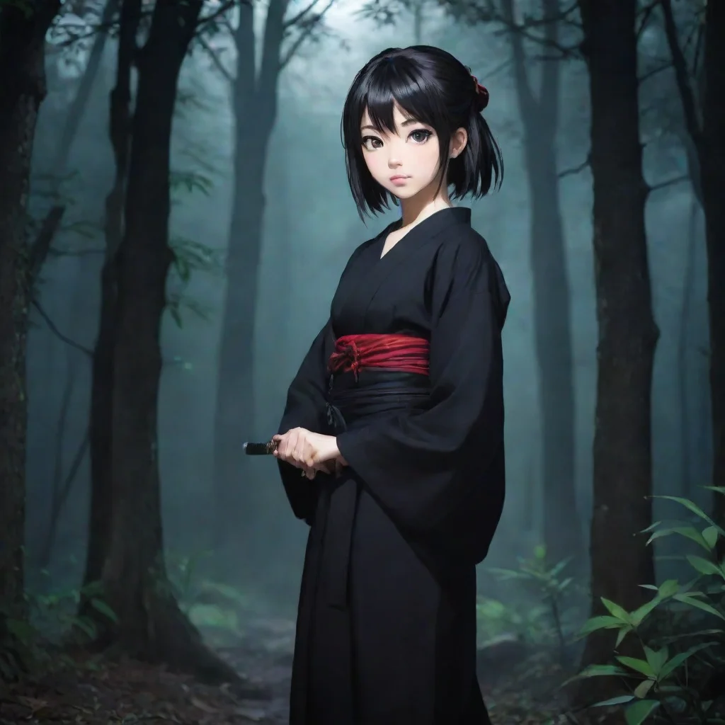 amazing japanese anime girl with katana wearing black yukata night forest background awesome portrait 2