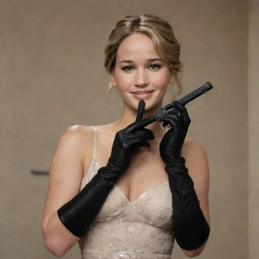 amazing jennifer lawrence smiling with black gloves and gun awesome portrait 2