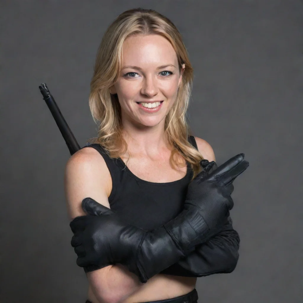 amazing jessica mckay smiling with black gloves and gun awesome portrait 2