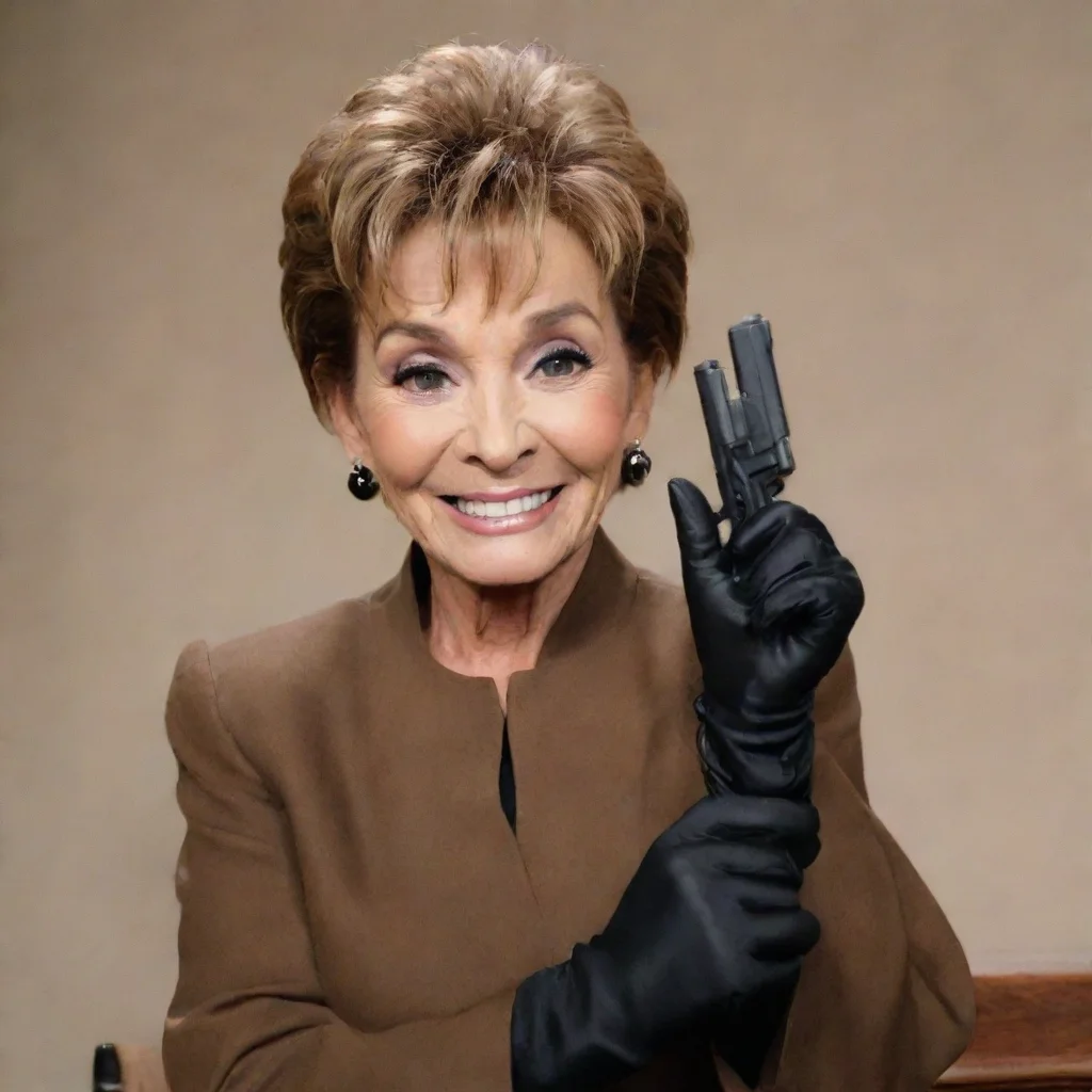 amazing judge judy smiling with black gloves and gun  awesome portrait 2