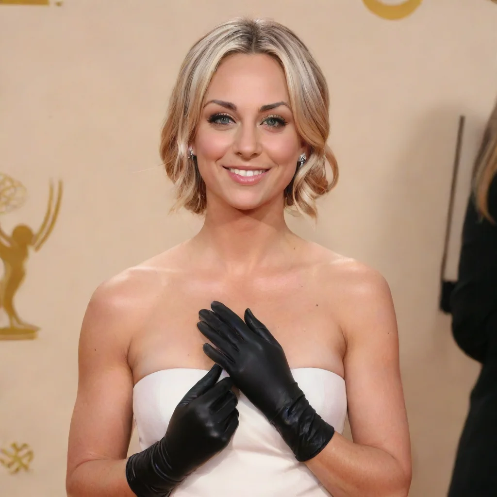 aiamazing kaley  cuoco actress smiling at the 2013 emmys with nitrile black gloves mayonnaise out a piping bag hd awesome portrait 2