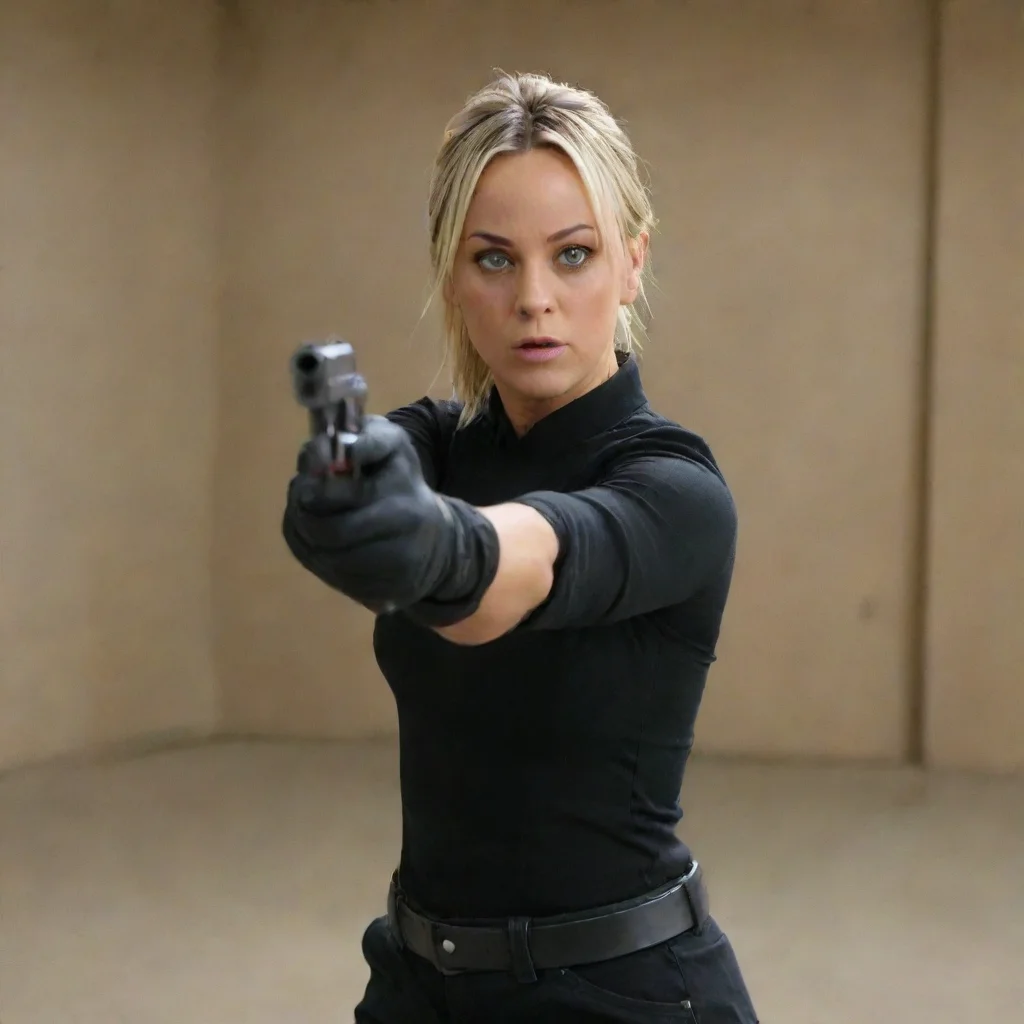 amazing kaley  cuoco actress with   nitrile black gloves firing bullets at a shooting range with a ak 47 awesome portrait 2