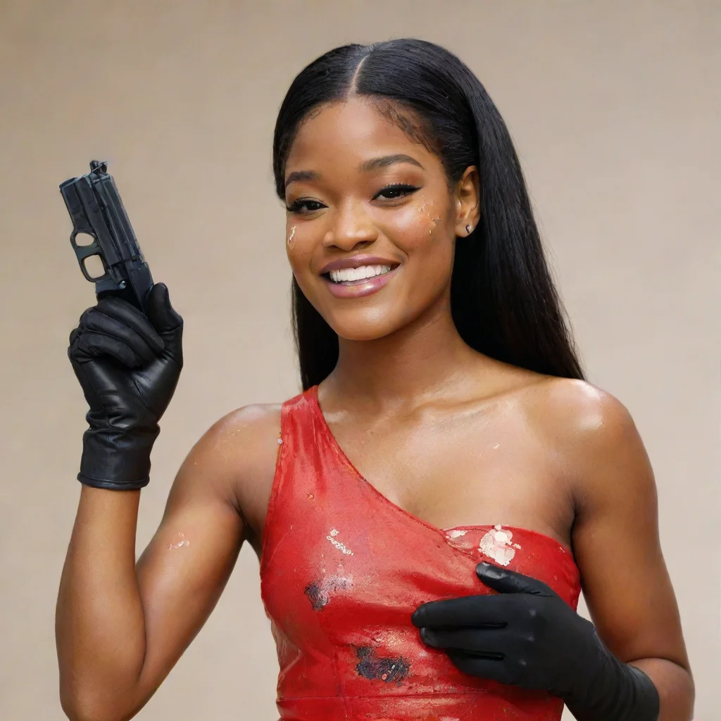 amazing keke palmer  smiling with black gloves and gun and mayonnaise splattered everywhere awesome portrait 2