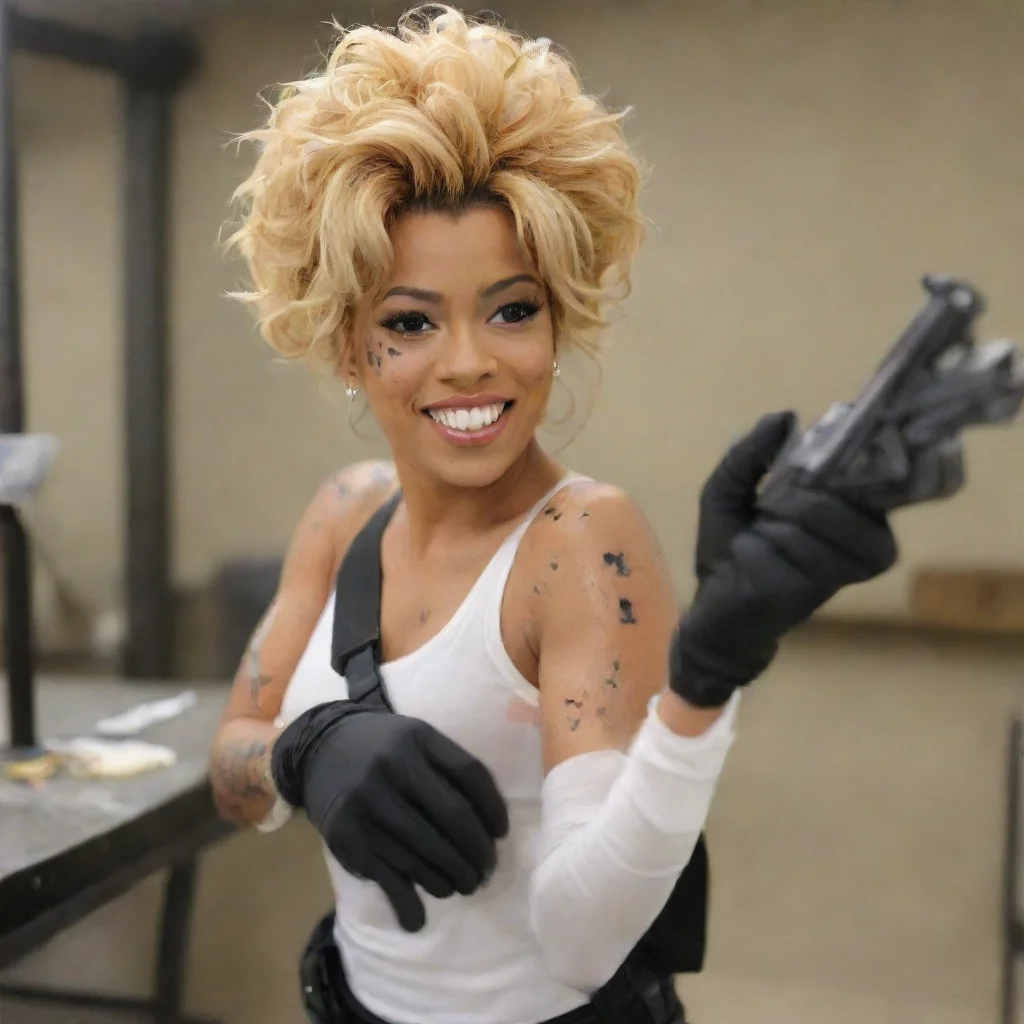 amazing keyshia cole smiling with black  nitrile gloves and gun at a shooting range  and  mayonnaise splattered everywhere awesome portrait 2