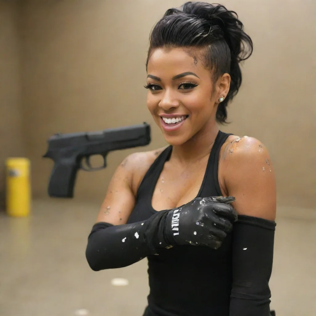 amazing keyshia cole smiling with black nitrile gloves and gun at a shooting range  and  mayonnaise splattered everywhere awesome portrait 2