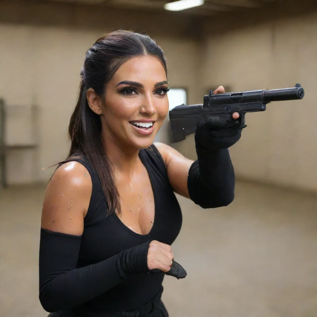 amazing kim kardasian smiling with black gloves and  gun shooting and splattering mayonnaise everywhere at a shooting range awesome portrait 2