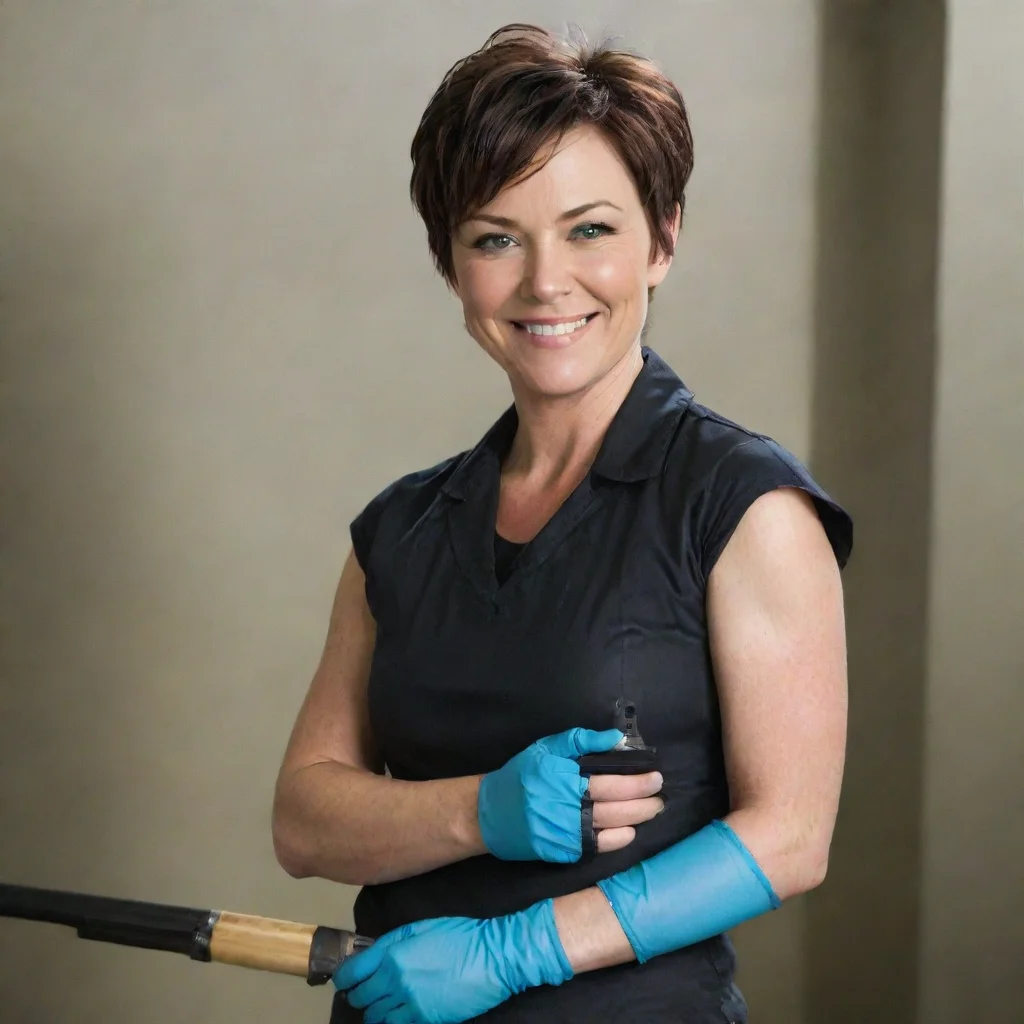 aiamazing kim rhodes as carey martin smiling with nitrile gloves and gun awesome portrait 2