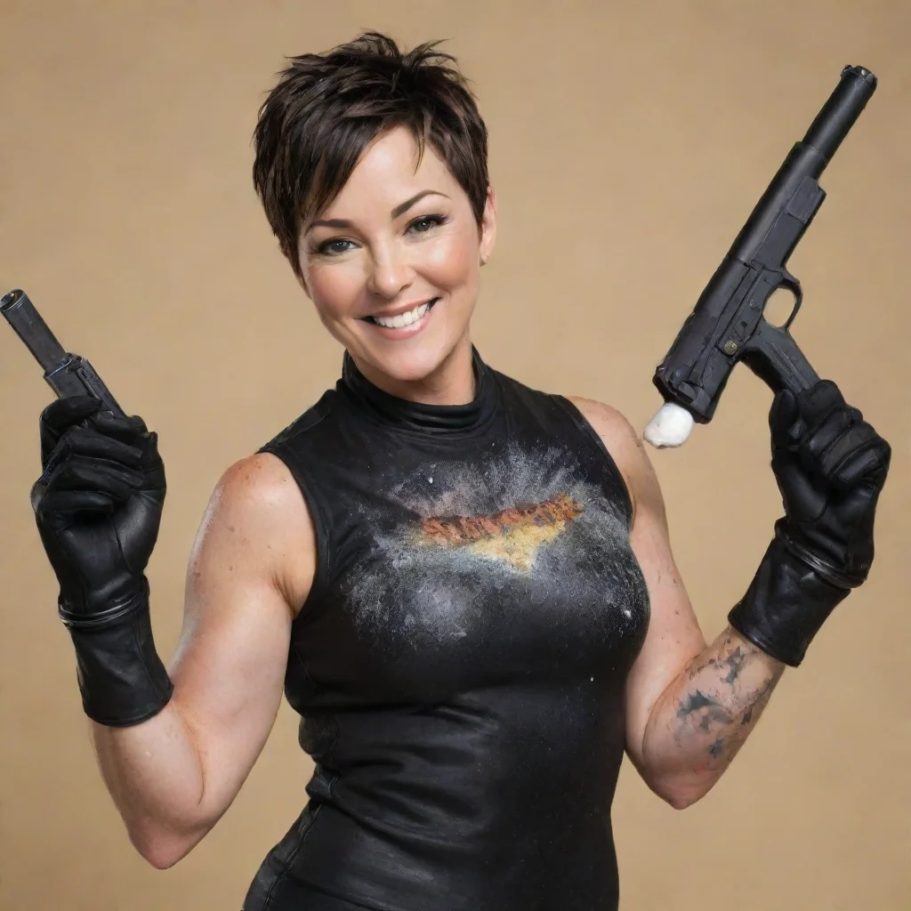 aiamazing kim rhodes smiling with black deluxe gloves and gun and mayonnaise splattered everywhere awesome portrait 2