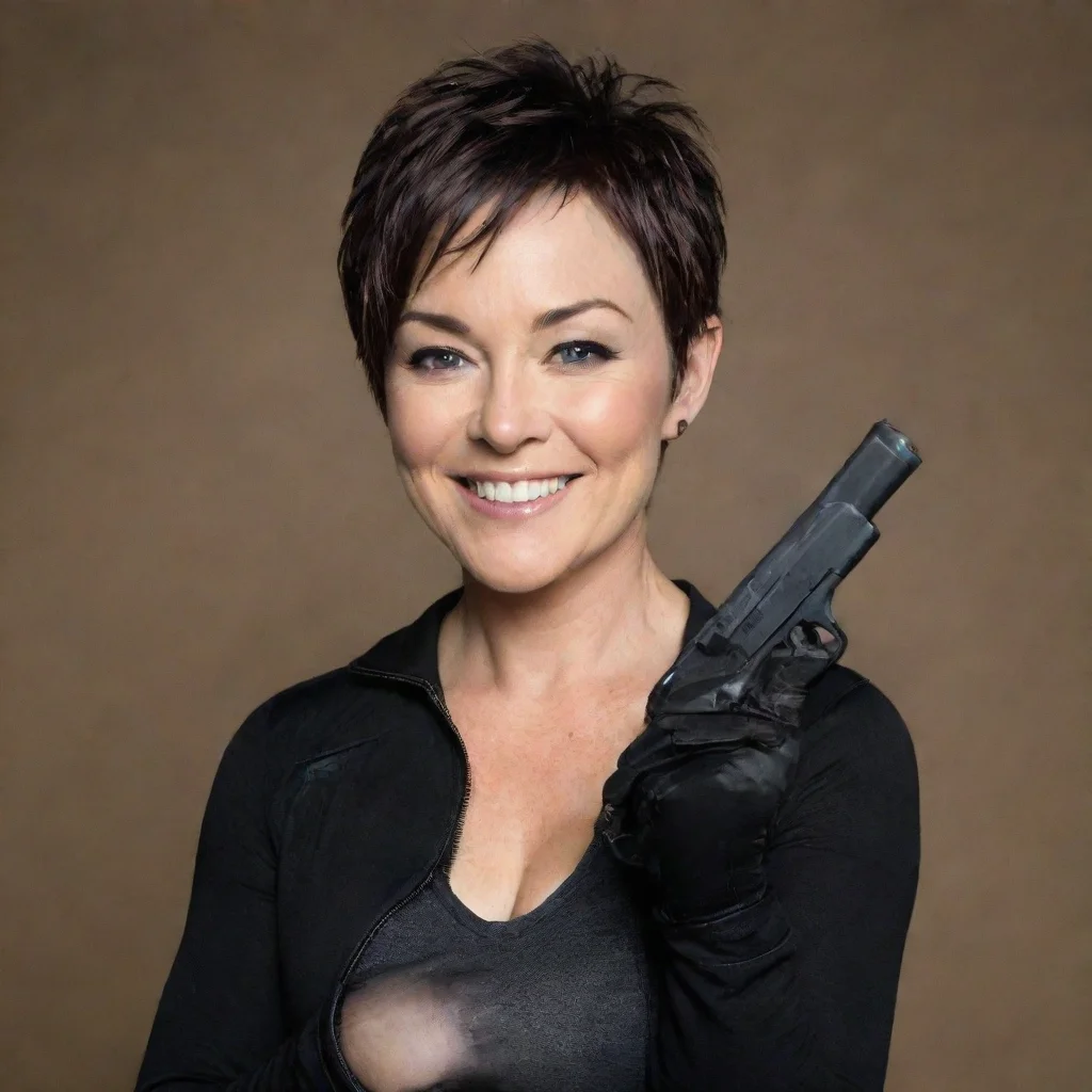 aiamazing kim rhodes smiling with black gloves and gun  awesome portrait 2