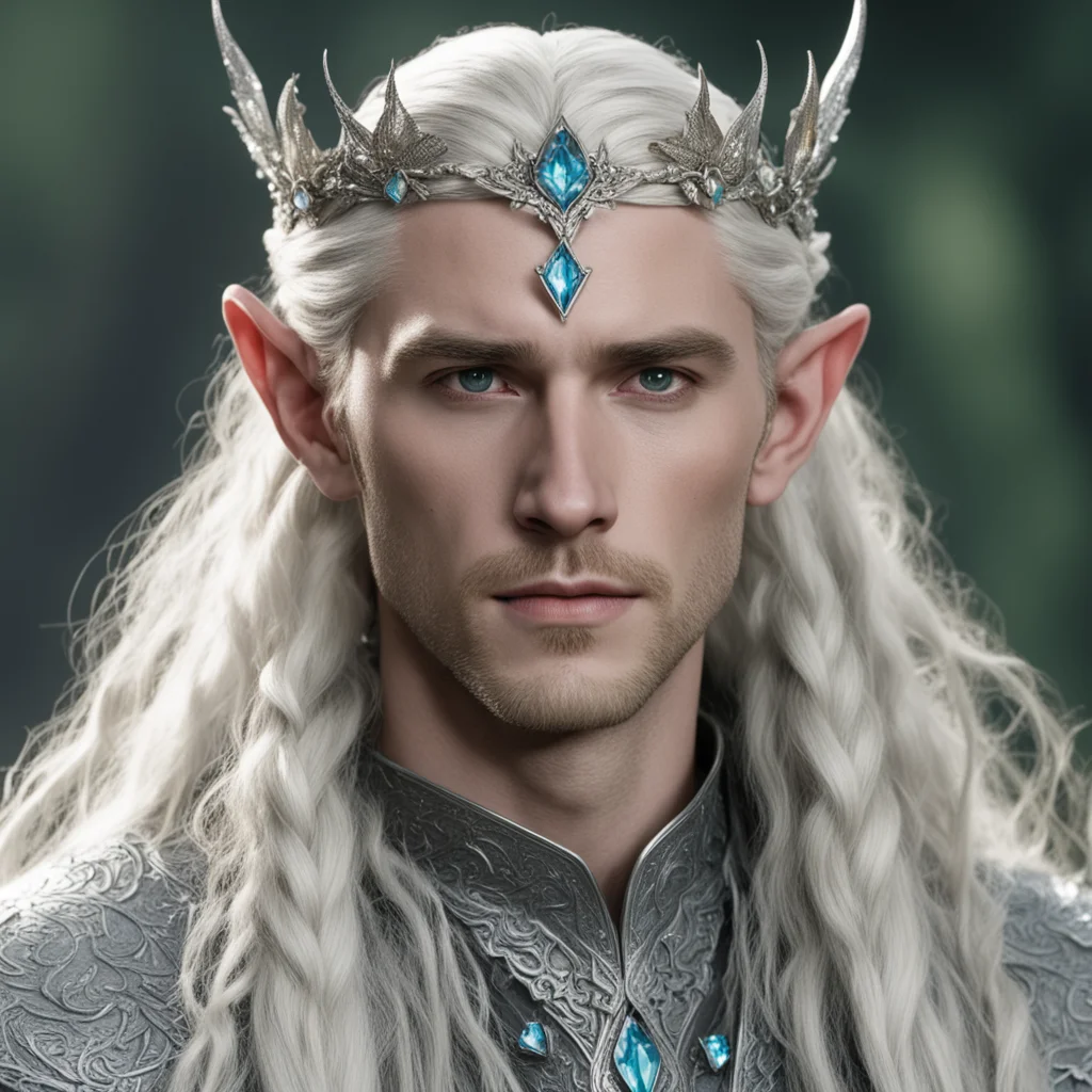 aiamazing king thranduil with blond hair and braids wearing silver flower serpentine sindarin elvish circlet encrusted with diamonds with large center diamond  awesome portrait 2