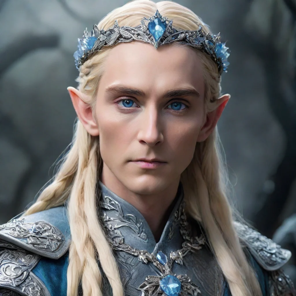 amazing king thranduil with blond hair and braids wearing silver flowers encrusted with diamonds to form a silver elvish circlet with large center bluish diamond awesome portrait 2