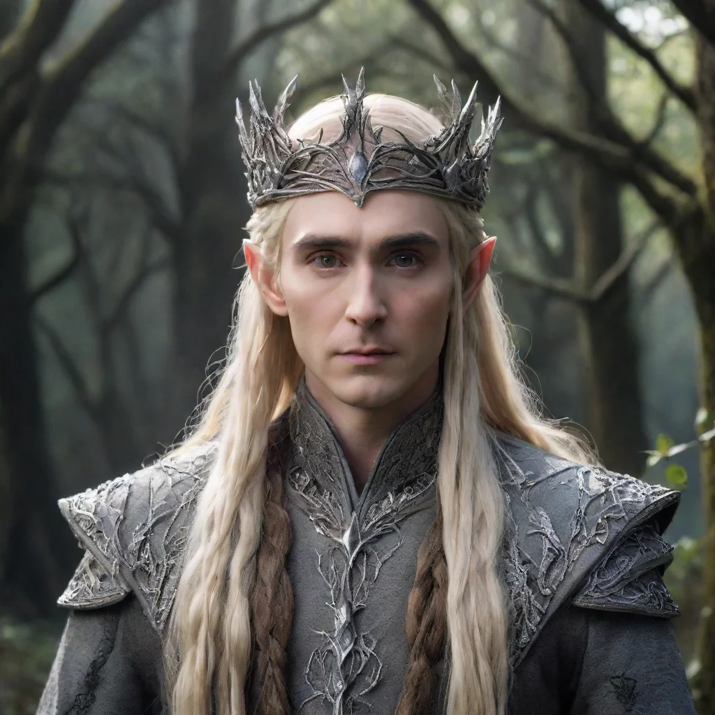 aiamazing king thranduil with blond hair and braids wearing silver vines encrusted with diamonds forming a silver wood elvish crown with large center diamond awesome portrait 2