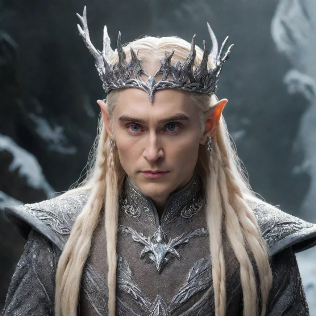 aiamazing king thranduil with blonde hair and braids wearing silver elk figurines encrusted with diamonds forming a silver elvish circlet with large center diamond  awesome portrait 2