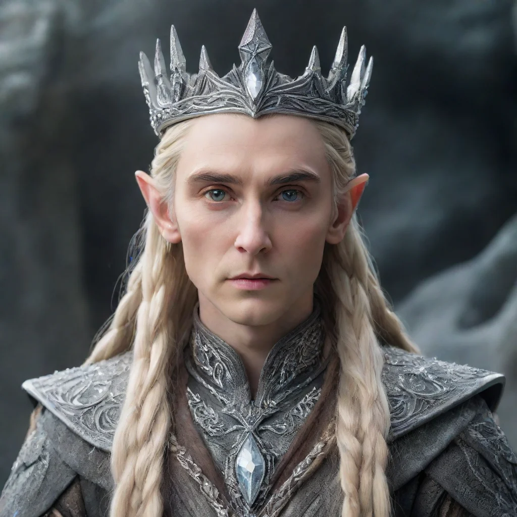aiamazing king thranduil with blonde hair and braids wearing silver elk figurines encrusted with diamonds forming a silver elvish coronet with large center diamond  awesome portrait 2
