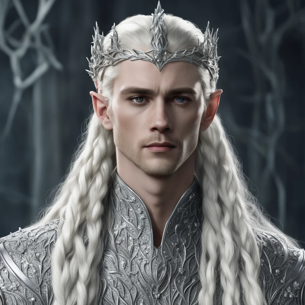 amazing king thranduil with blonde hair and braids wearing silver holly leaves encrusted with diamonds with clusters of diamonds forming a silver elvish serpentine circlet with large center diamond 