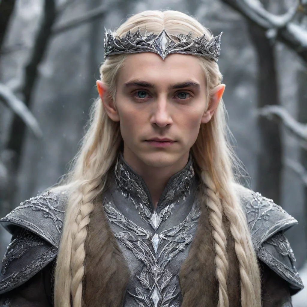 amazing king thranduil with blonde hair and braids wearing silver twig and silver leaf encrusted with diamonds to form a silver elvish circlet with large center diamond  awesome portrait 2
