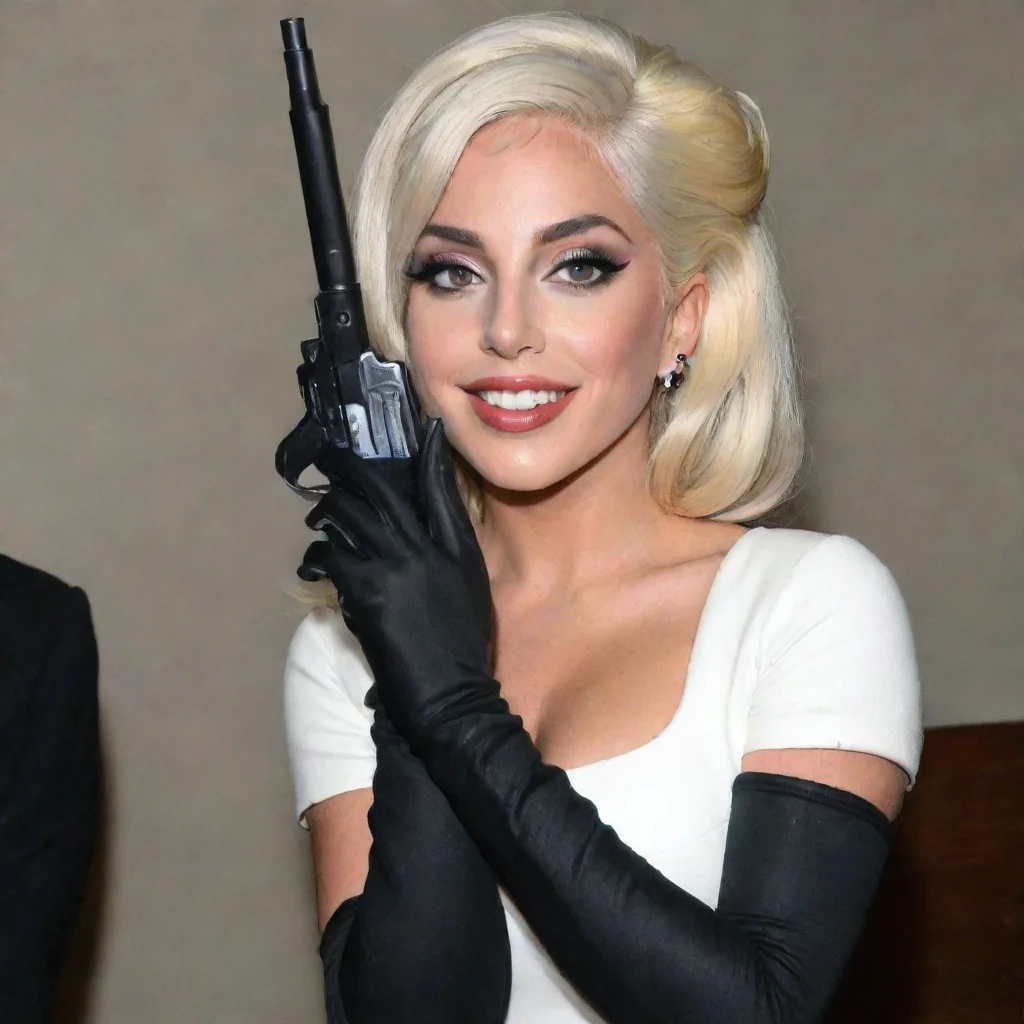 amazing lady gaga  smiling with black gloves and gun awesome portrait 2