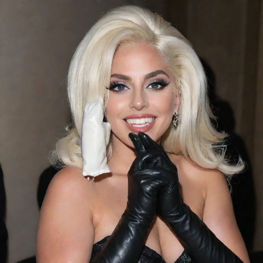 amazing lady gaga  smiling with black gloves holding a condom filled with mayonnaise awesome portrait 2