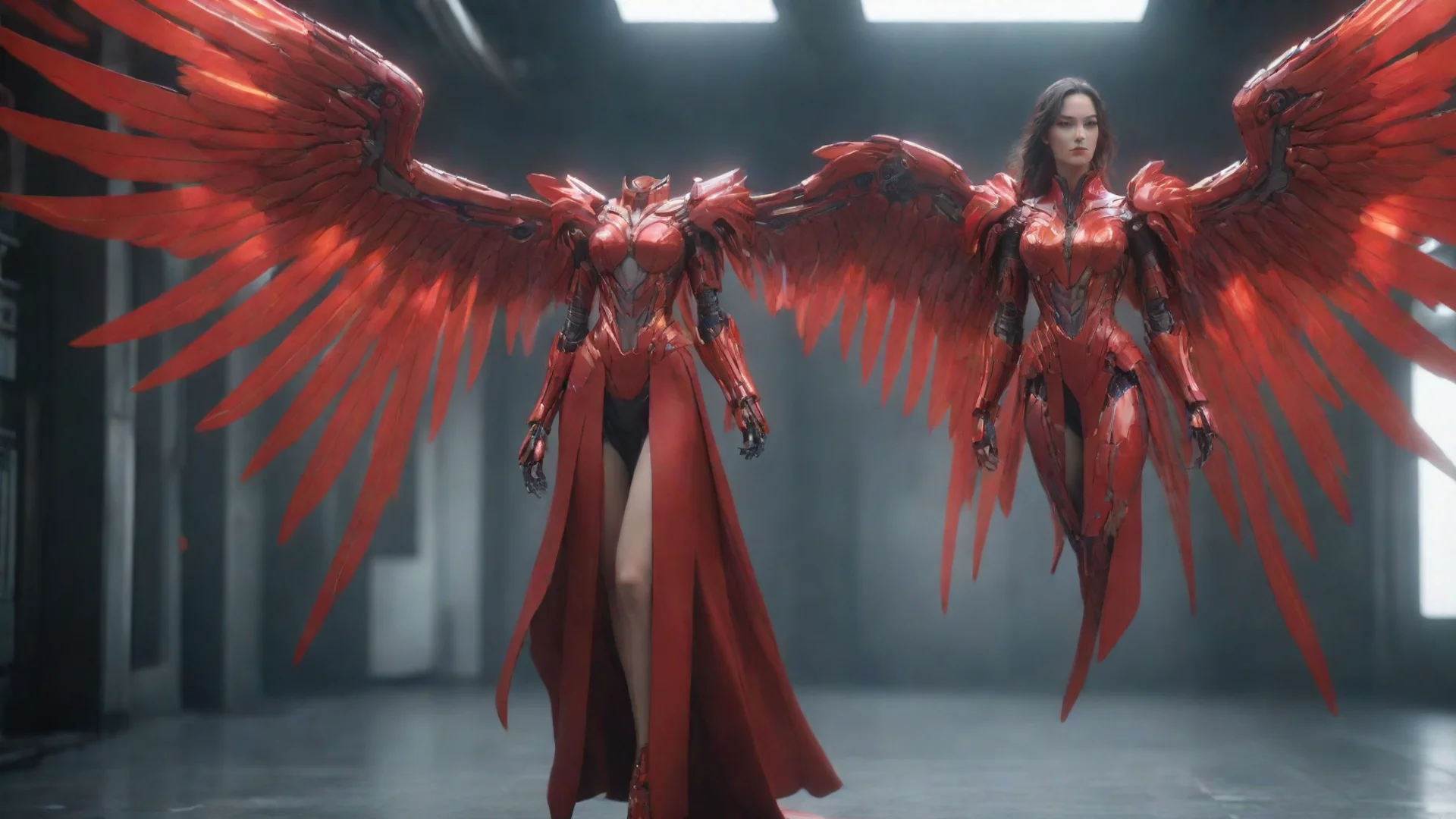 aiamazing lady wearing scarlet long coat %2C big cybernetic mecha glowing wings.%2C beautiful%2C female%2C ultrarealistic%2C soft lighting%2C 8k awesome portrait 2 wide