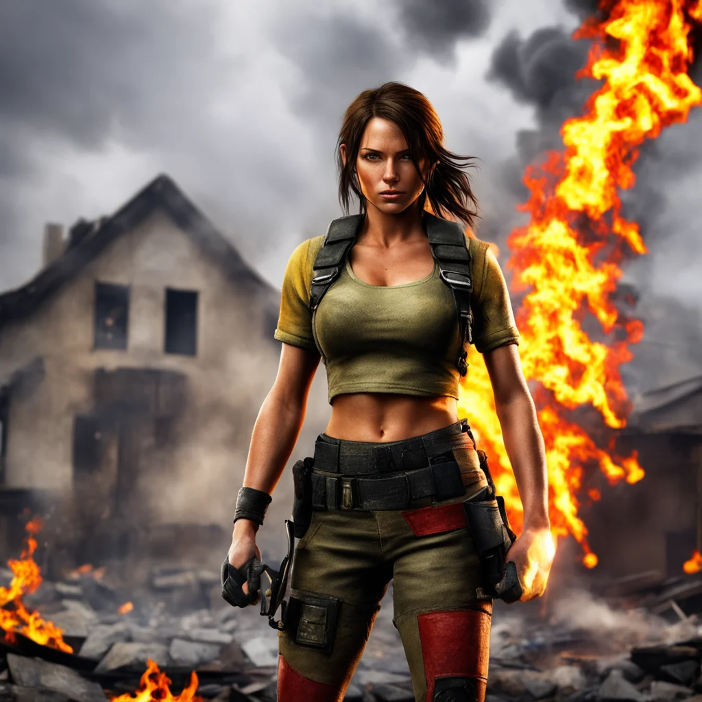 aiamazing lara croft as a fire fighter%2C burning house on the background awesome portrait 2
