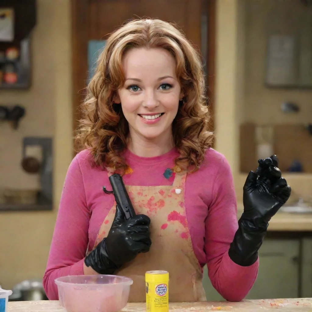 aiamazing leigh ann baker as amy duncan from good luck charlie  smiling with black nitrile gloves and gun and mayonnaise splattered everywhere awesome portrait 2